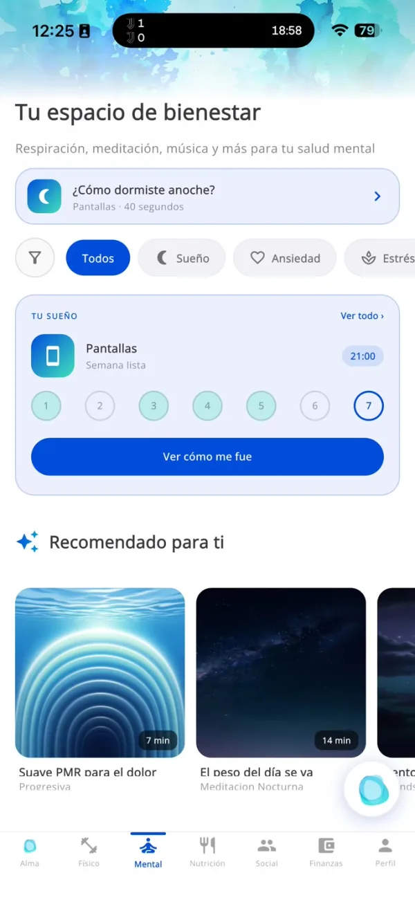 Pantalla de Salud mental en la app Makana