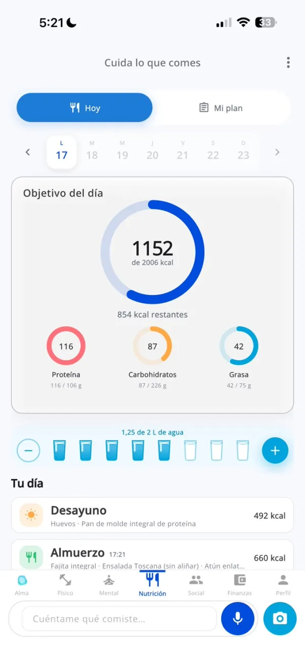 Pantalla de Nutrición en la app Makana